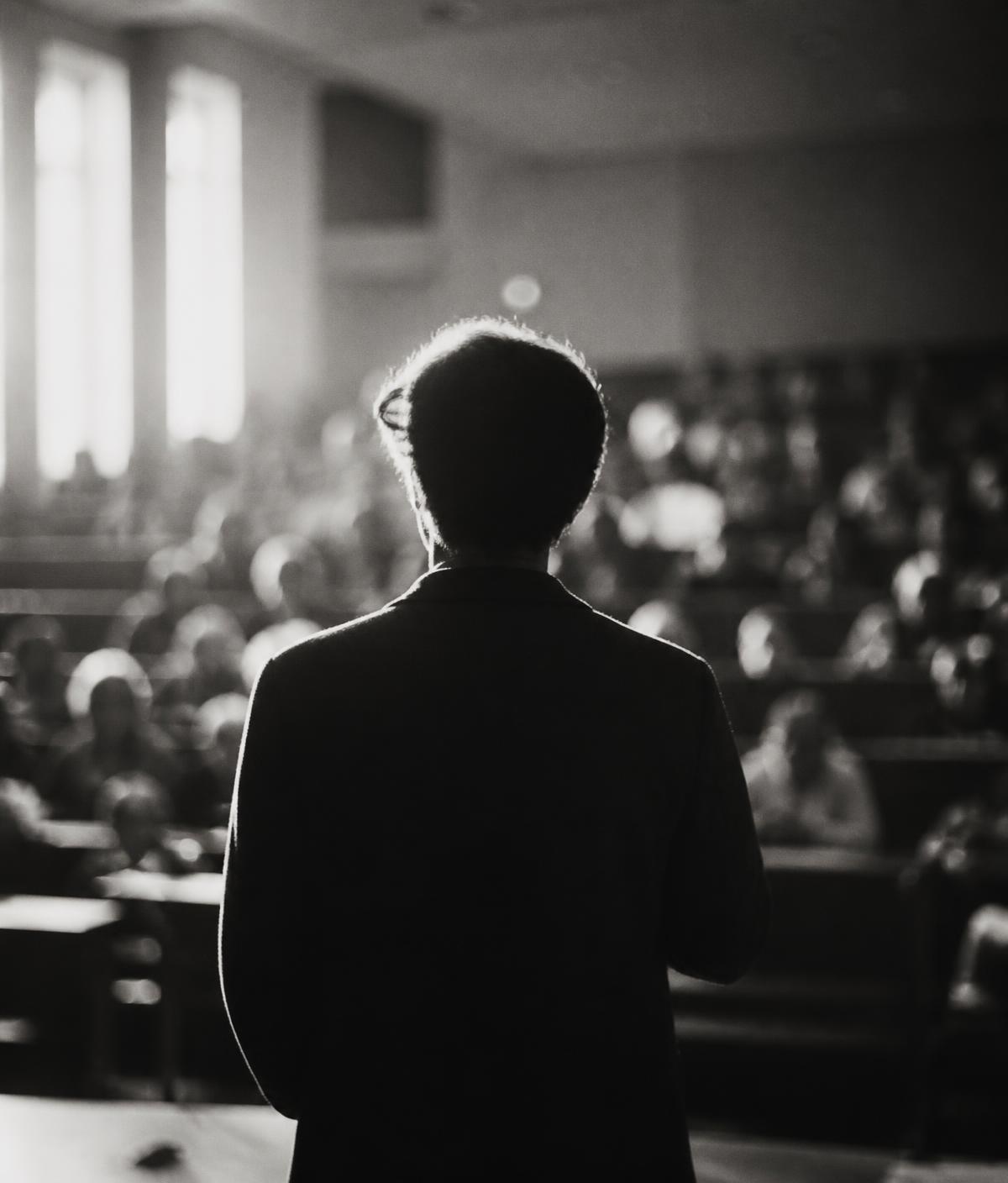 Enseignant vu de dos face à un amphithéâtre d'étudiants
